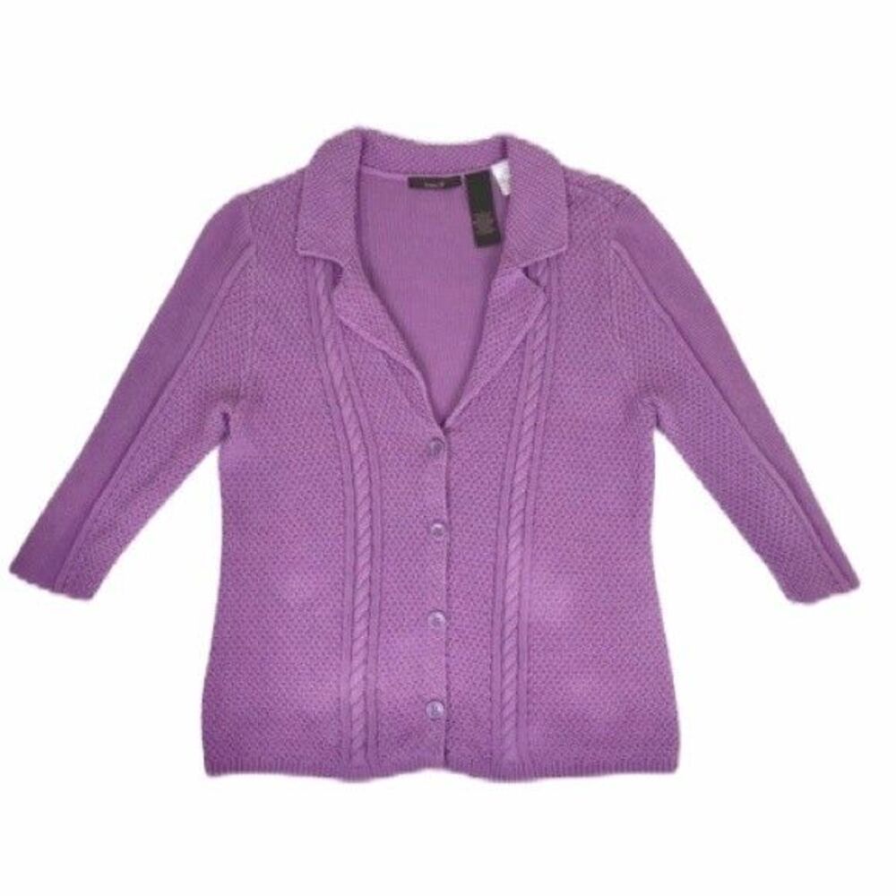 Heather B Cardigan White Lavender Button Down Chunky Knit Size XL Womens